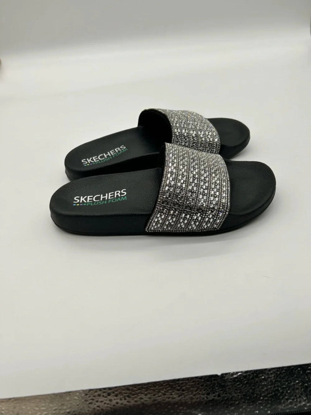 Skechers Women’s Black Slides with Silver Sparkle Strap - Picture 2 of 6